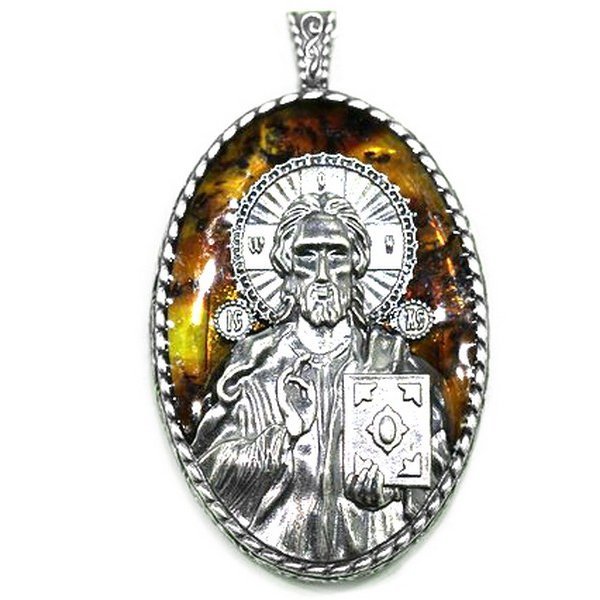 Серебряная икона с янтарём