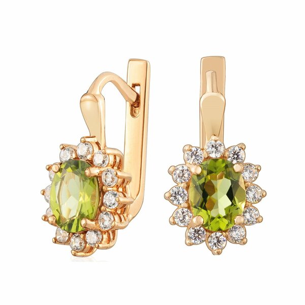 Золотые серьги с хризолитом и фианитом