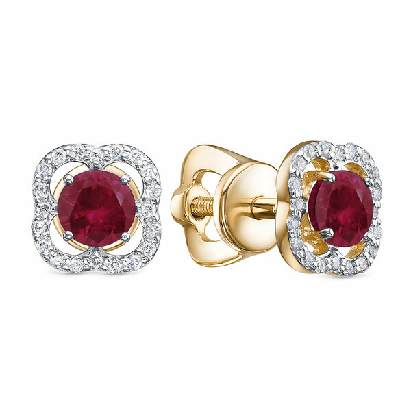 Золотые серьги-пусеты с&nbsp;рубином и&nbsp;бриллиантом