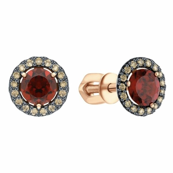 Золотые серьги-пусеты с&nbsp;гранатом и&nbsp;бриллиантом