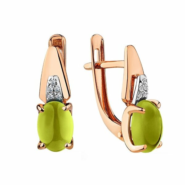 Золотые серьги с хризолитом и фианитом