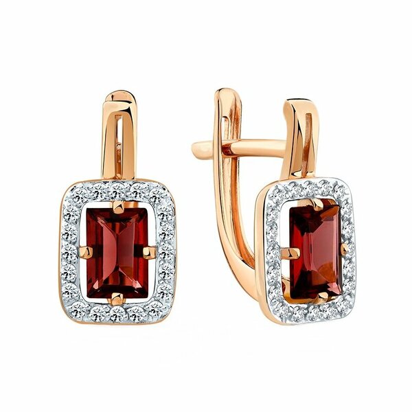 Золотые серьги с гранатом и фианитом