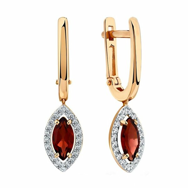 Золотые серьги с гранатом и фианитом