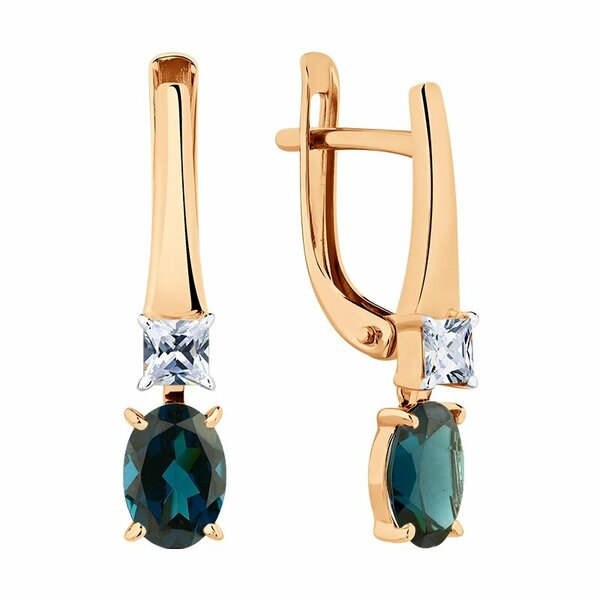 Золотые серьги с&nbsp;топазом лондон и&nbsp;фианитом