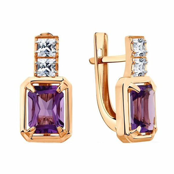 Золотые серьги с&nbsp;аметистом и&nbsp;фианитом