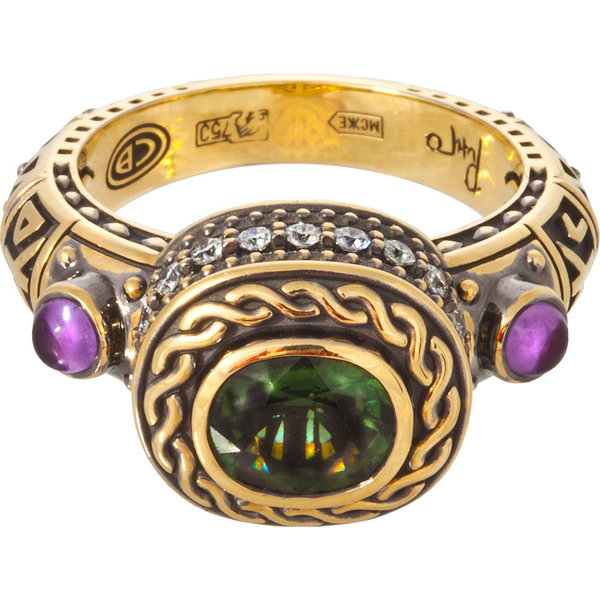 Золотое кольцо с бриллиантом, турмалином и аметистом
