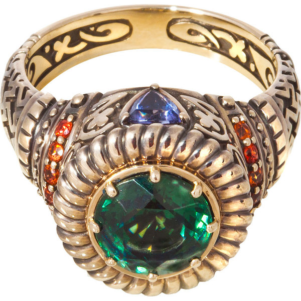 Золотое кольцо с бриллиантом, турмалином и иолитом