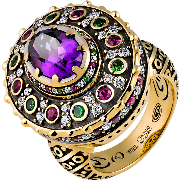 Золотое кольцо с бриллиантом, аметистом, рубином и тсаворитом