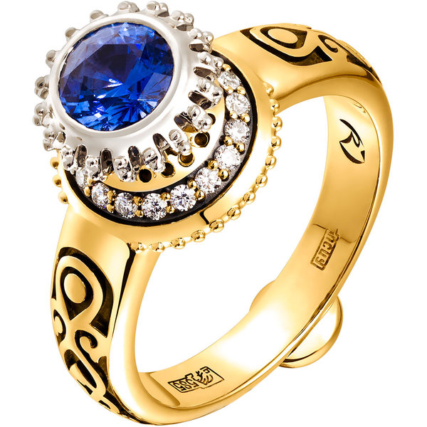 Золотое кольцо с бриллиантом, сапфиром и аметистом