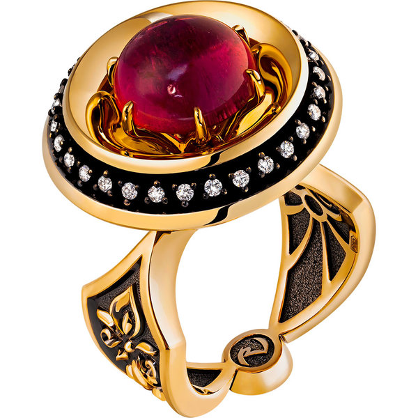 Золотое кольцо с бриллиантом, рубеллитом и рубином