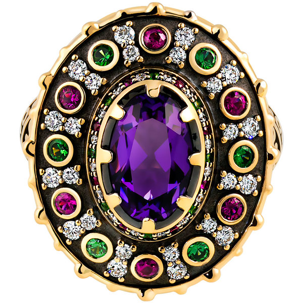 Золотое кольцо с бриллиантом, аметистом, рубином и тсаворитом