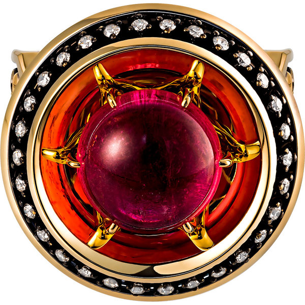 Золотое кольцо с бриллиантом, рубеллитом и рубином