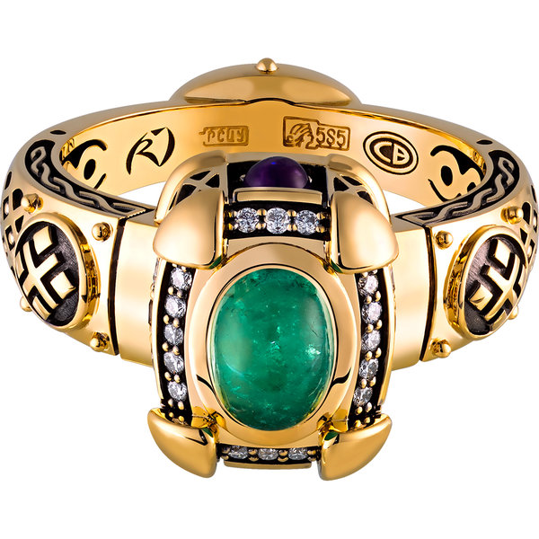 Золотое кольцо с бриллиантом, изумрудом, сапфиром и аметистом