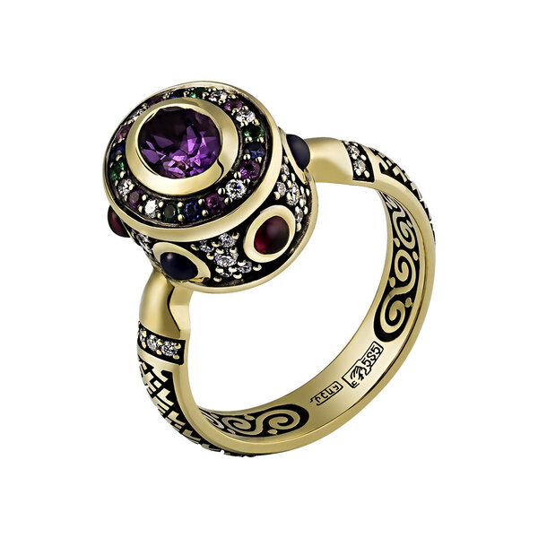 Золотое кольцо с сапфиром, рубином, изумрудом, бриллиантом и аметистом