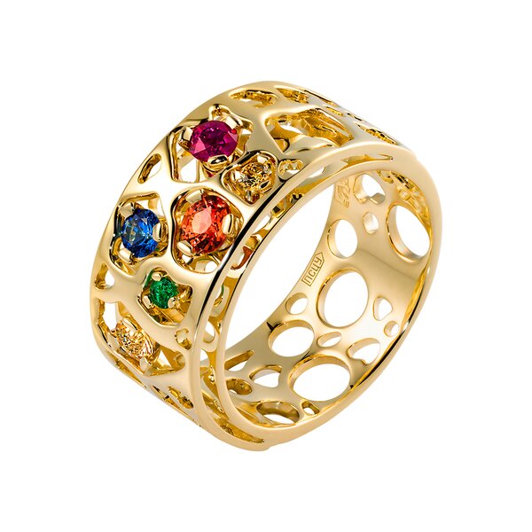 Золотое кольцо с сапфиром, рубином и изумрудом