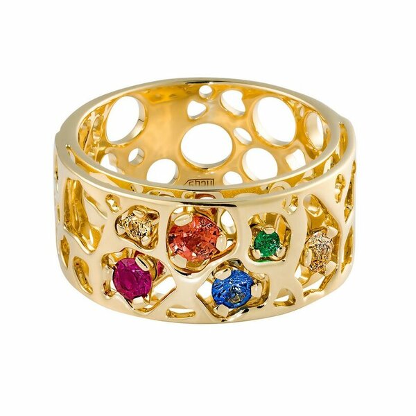 Золотое кольцо с сапфиром, изумрудом и рубином