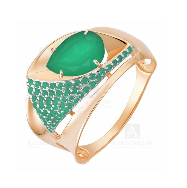 Золотое кольцо с агатом зеленым и фианитом