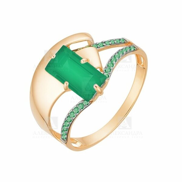 Золотое кольцо с агатом зеленым и фианитом