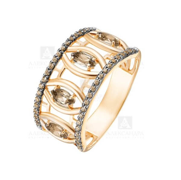 Золотое кольцо с раух-топазом и фианитом