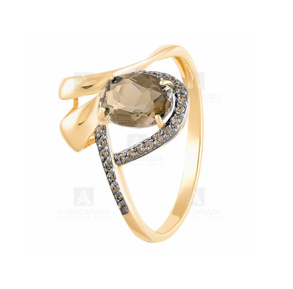 Золотое кольцо с раух-топазом и фианитом