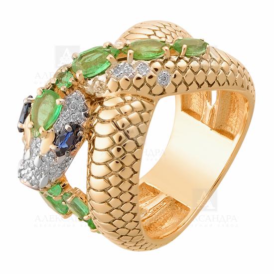 Золотое кольцо с бриллиантом, сапфиром и изумрудом