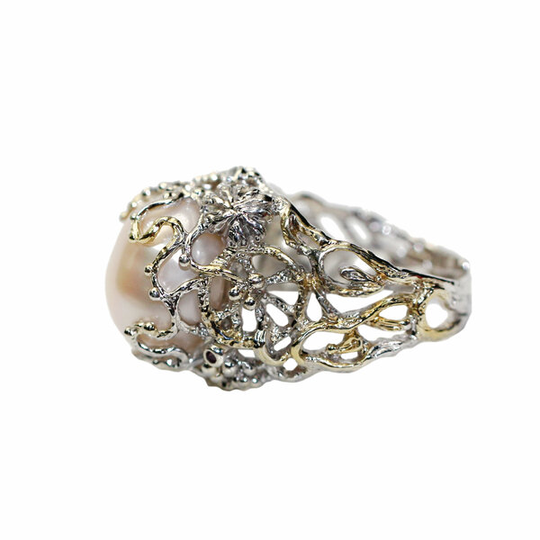 Серебряное кольцо с&nbsp;цитрином, топазом, родолитом, жемчугом пресноводным и&nbsp;бриллиантом