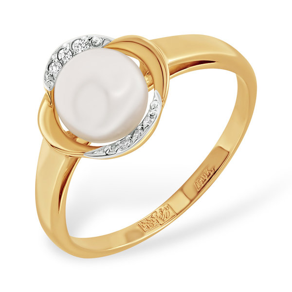 Золотое кольцо с фианитом и жемчугом пресноводным