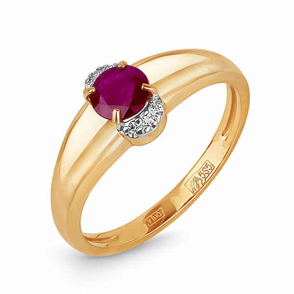 Золотое кольцо с рубином выращенным и бриллиантом