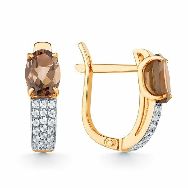 Золотые серьги с раух-топазом и фианитом