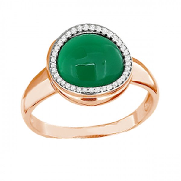 Серебряное кольцо с фианитом, позолотой и агатом зеленым
