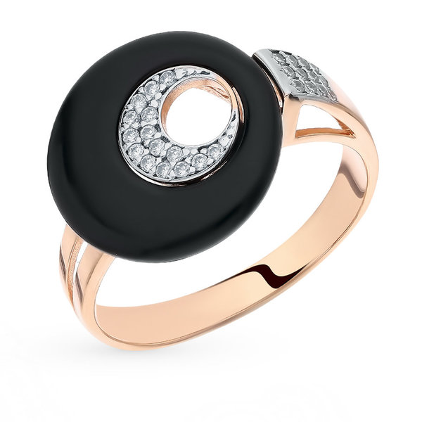 Серебряное кольцо с фианитом, позолотой и керамикой