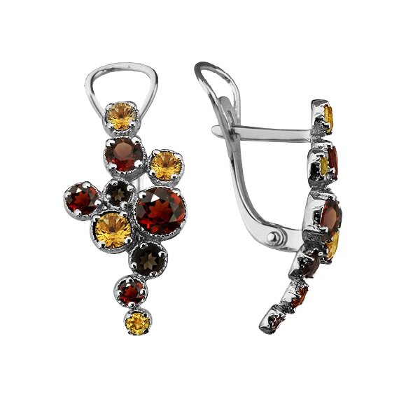 Серебряные серьги с&nbsp;цитрином, раух-топазом и&nbsp;гранатом