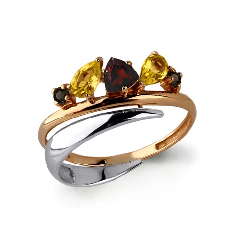 Золотое кольцо с гранатом, цитрином и раух-топазом