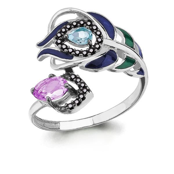 Серебряное кольцо с эмалью, топазом, кристаллом и аметистом