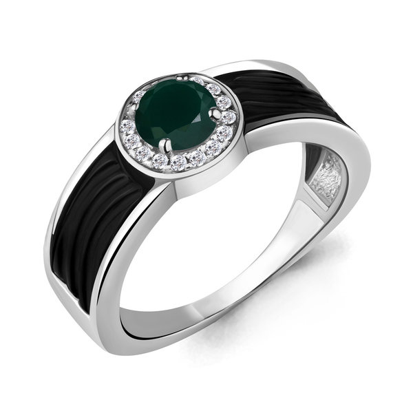 Серебряное кольцо с фианитом, керамикой и агатом зеленым