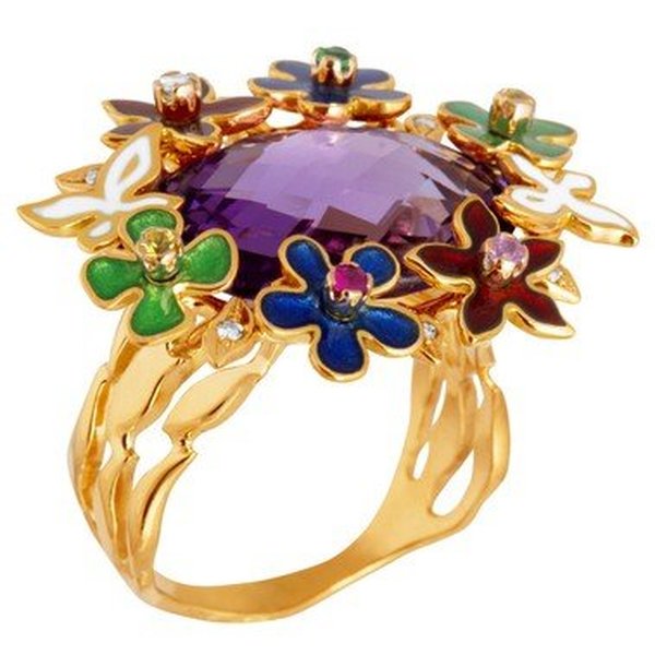Золотое кольцо с аметистом, бриллиантом, рубином, сапфиром, тсаворитом и эмалью