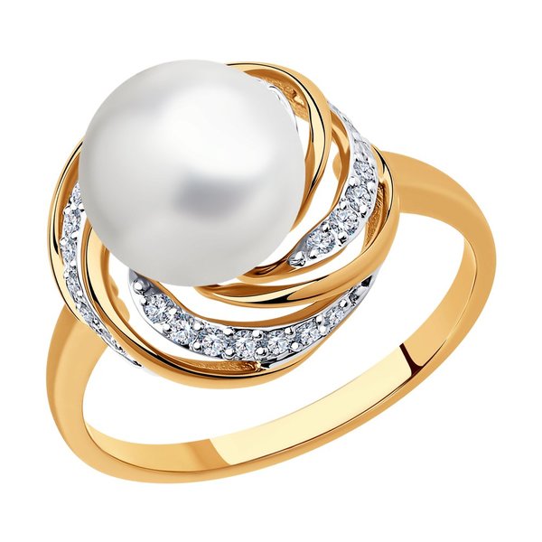 Золотое кольцо с бриллиантом и жемчугом пресноводным