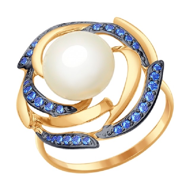 Золотое кольцо с жемчугом культивированным и фианитом