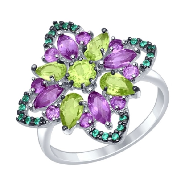 Серебряное кольцо с&nbsp;аметистом, фианитом и&nbsp;хризолитом