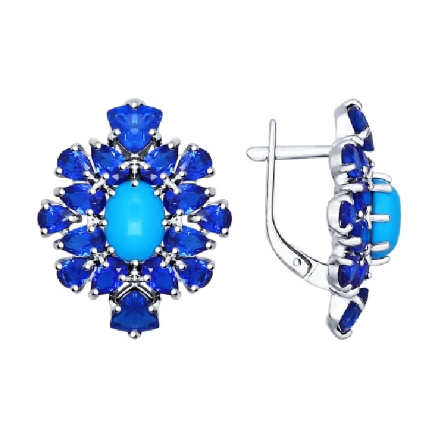 Серебряные серьги с&nbsp;фианитом и&nbsp;бирюзой искусственной