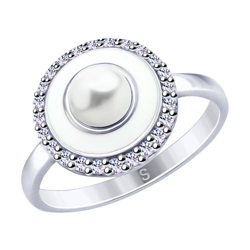Серебряное кольцо с эмалью, фианитом и жемчугом искусственным