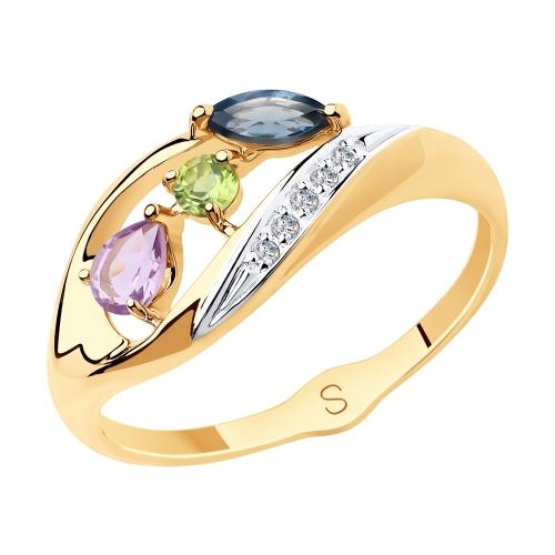 Золотое кольцо с хризолитом, фианитом, топаз-лондоном и аметистом