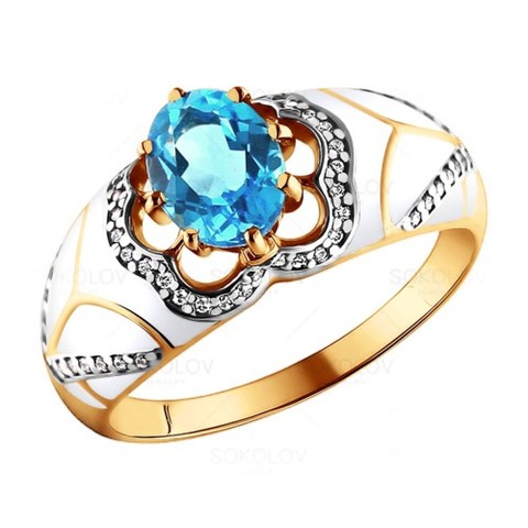 Золотое кольцо с эмалью, фианитом и топазом