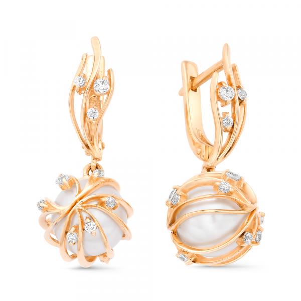 Золотые серьги с&nbsp;фианитом и&nbsp;жемчугом культивированным