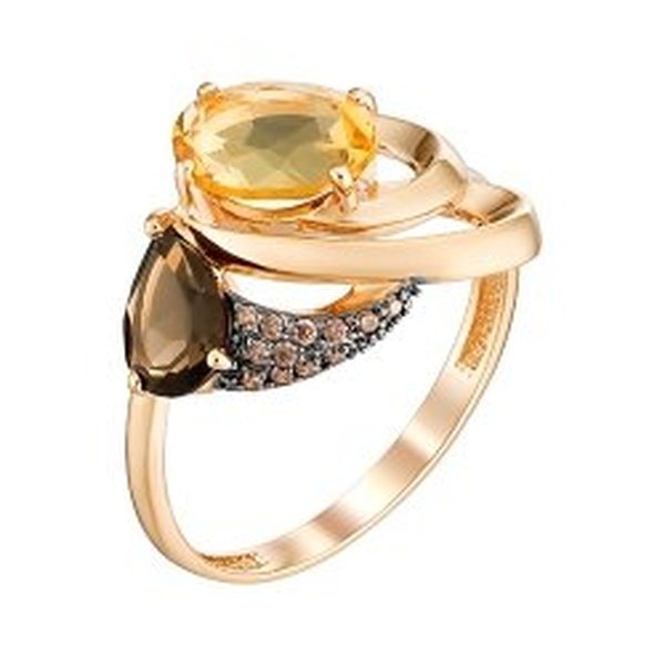 Золотое кольцо с цитрином, фианитом и раух-топазом