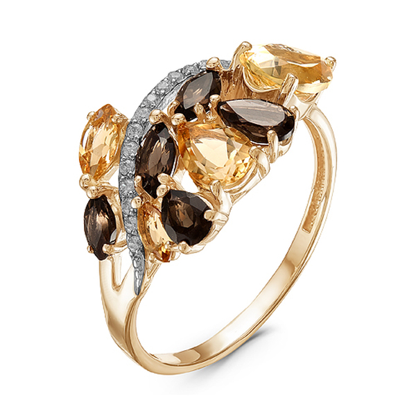Золотое кольцо с цитрином, фианитом и раух-топазом