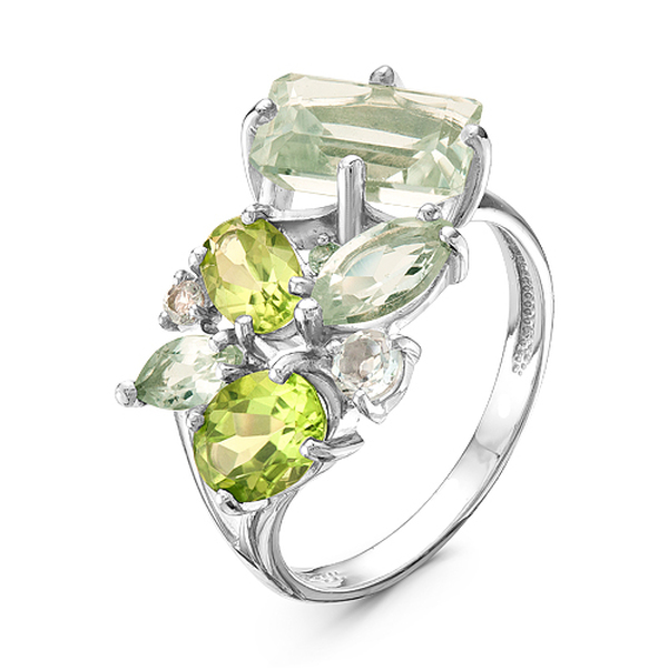 Серебряное кольцо с хризолитом, топазом и аметистом зеленым