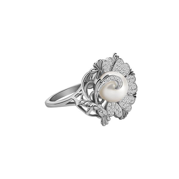 Серебряное кольцо с фианитом и жемчугом искусственным