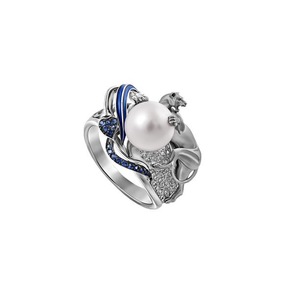 Серебряное кольцо с эмалью, фианитом, сапфиром и жемчугом культивированным