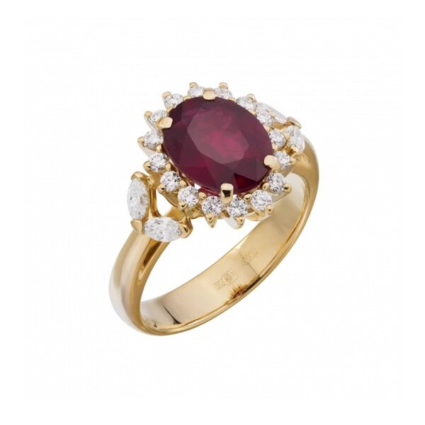 Золотое кольцо с рубином, сапфиром white и бриллиантом